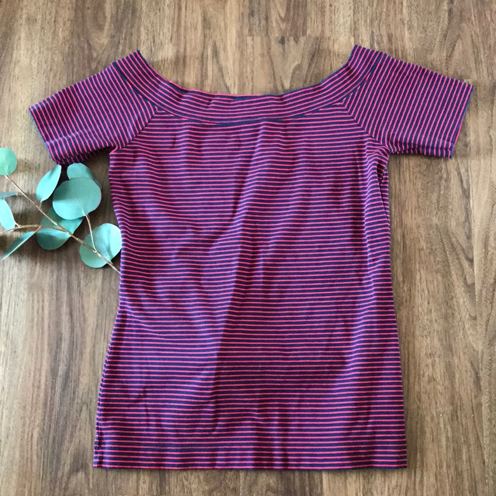 Red and Blue Off The Shoulder Shirt - Picture 1 of 4